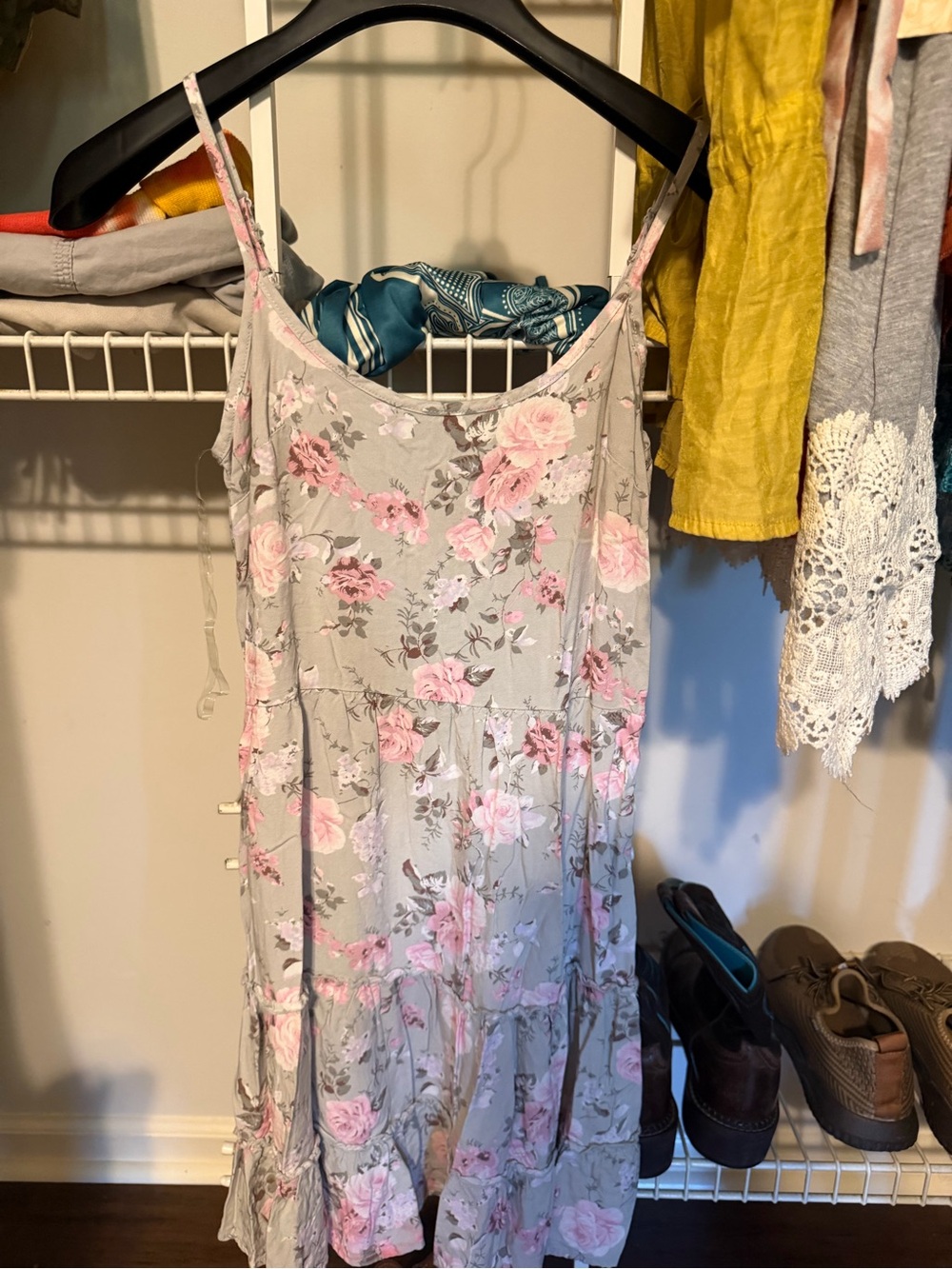 Wallflower Gray Floral Spaghetti Strap Tiered Sundress with Pink Roses